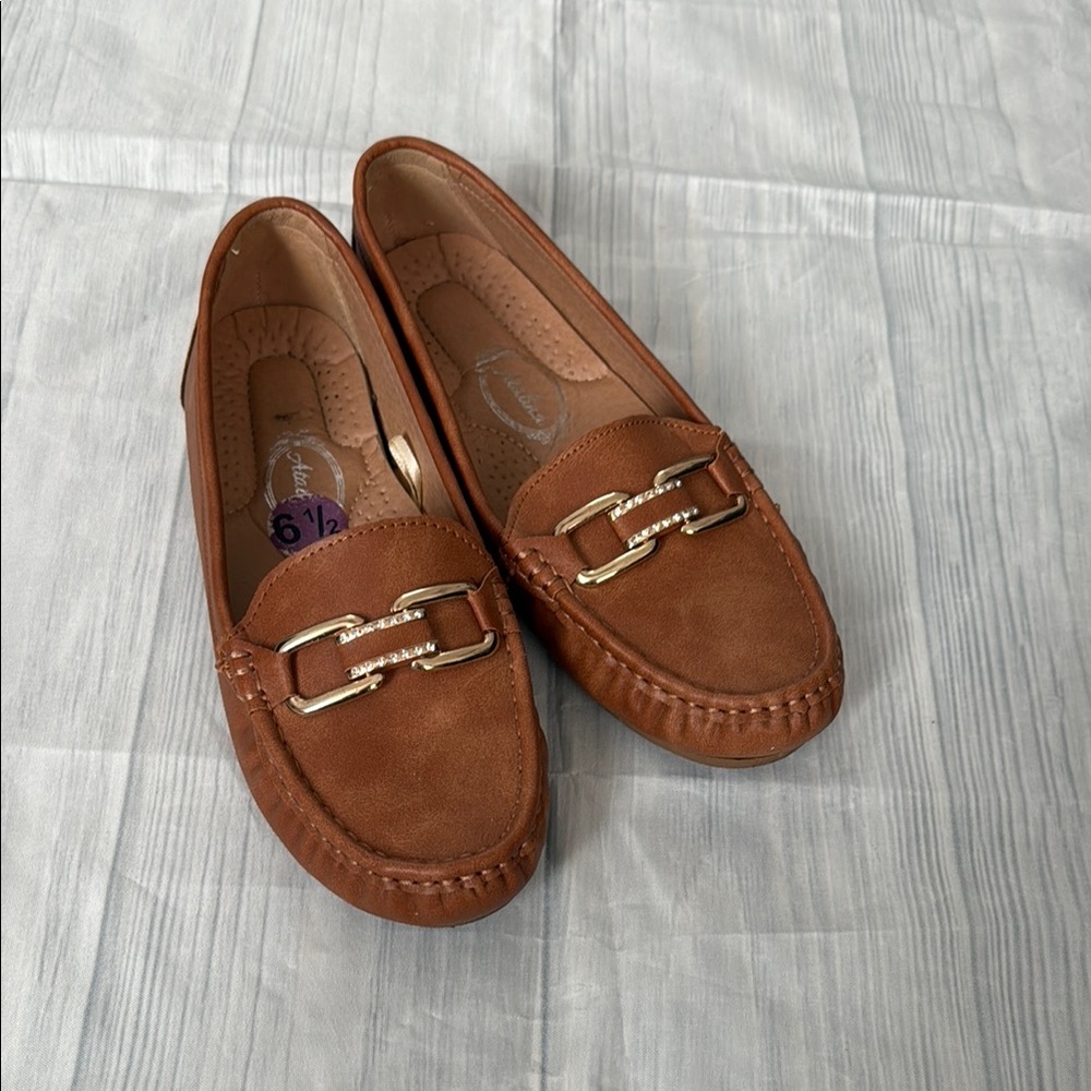 Brown and Gold Leather Flats with Horsebit Detail